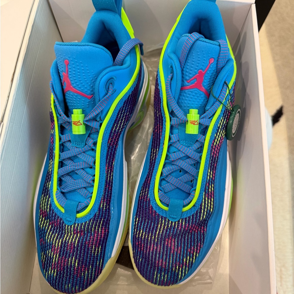 Blue Athletic Sneakers with Neon Yellow and Pink Accents